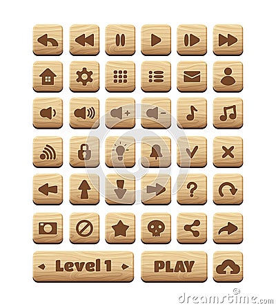 Wooden buttons game UI asset. Gaming user interface icons. vector illustration Vector Illustration