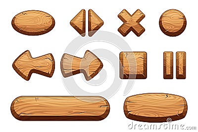 Wooden buttons set for game ui. Vector cartoon illustrations Vector Illustration