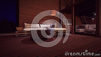 wooden cabin exterior architecture design with dark sky and black forest in the night with little stars 3d illustration Cartoon Illustration