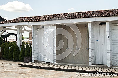 Wooden cabin at hotel pool Stock Photo