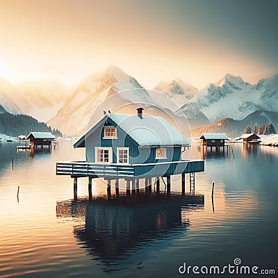 Wooden cabin on a lake on pilings. Reflections in water.AI generated Stock Photo