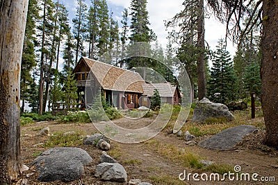 Wooden cabin in scenic forest Stock Photo