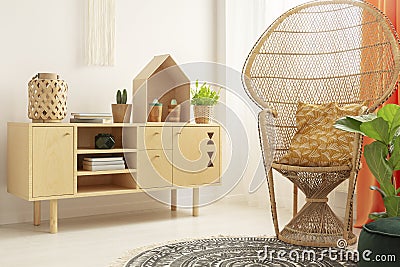 Wooden cabinet with books, plants and vases next to peacock chair with patterned pillow in elegant boho interior Stock Photo