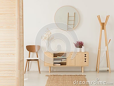 Wooden cabinet with flowers between stylish brown chair and wooden hanger Stock Photo