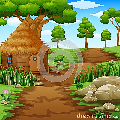 Wooden cabins in the field Vector Illustration