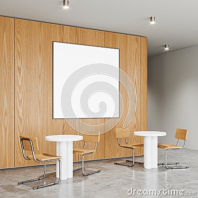 Wooden cafe interior with chairs and dining tables in row. Mockup frame Stock Photo