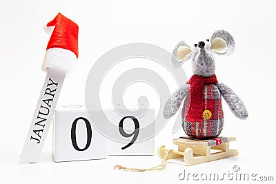 Wooden calendar with number January 9. Happy New Year! Symbol of New Year 2020 - white or metal silver rat. Christmas decorated Stock Photo