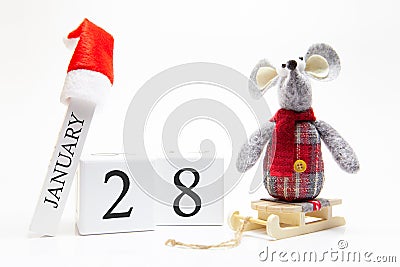 Wooden calendar with number January 28. Happy New Year! Symbol of New Year 2020 - white or metal silver rat. Christmas decorated Stock Photo