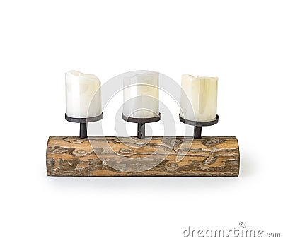 Wooden candlestick with candle on white, Wooden candle holder isolated on white Stock Photo