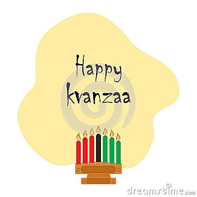 Wooden candlestick with seven candles in the color of the African flag and inscription Happy Kwanzaa Vector Illustration