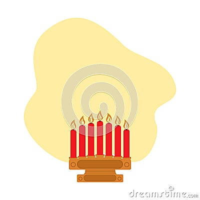 Wooden candlestick and seven red candles with yellow cloud shaped copyspace. Sticker. Icon. Isolate Vector Illustration