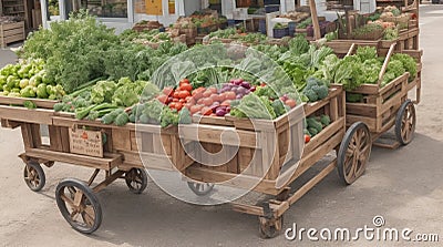 A wooden cart filled with freshly harvested vegetables in the village market Stock Photo