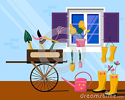 Wooden cart or wheelbarrow with gardening instruments.Facade of village house,window with shutters. Vector Illustration