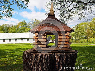 Wooden carved birdhouse on a tree stump, a feeder for birds with a pigeon in it Stock Photo