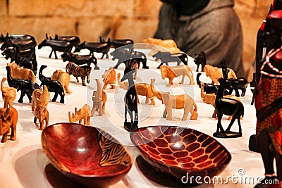 Wooden carved crafts for sale in Elche Editorial Stock Photo