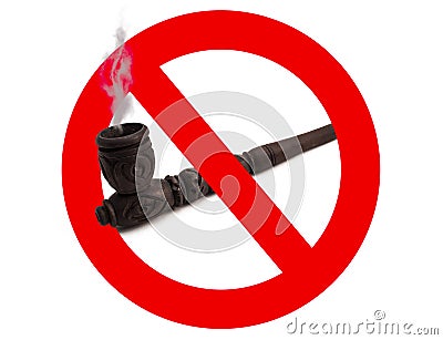 Wooden carved smoking pipe with prohibitory sign Stock Photo