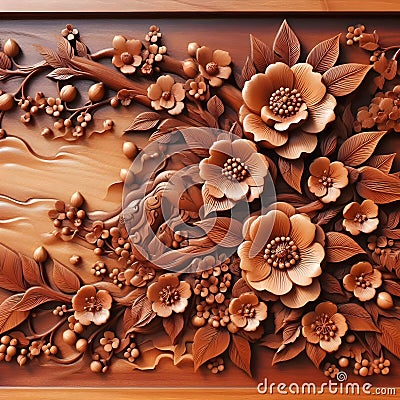 Wooden carving decorations floral cherry blossom ai generator Stock Photo