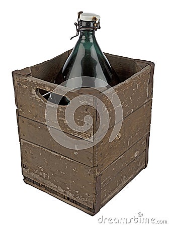 A wooden case of antique bottle Stock Photo