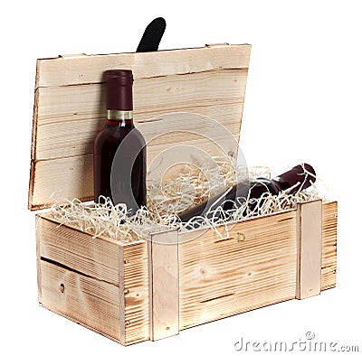 Wooden case with two bottles of red wine Stock Photo