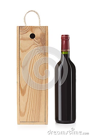 Wooden case with wine bottle Stock Photo