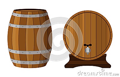 Wooden cask with rum. Cognac, brandy, scotch in cartoon barrel. Vector Illustration