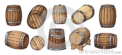 Wooden cask. Sketch of vintage beer keg. Old rum, whiskey and wine barrel. Alcohol drinks storage. Isolated winemaker Vector Illustration