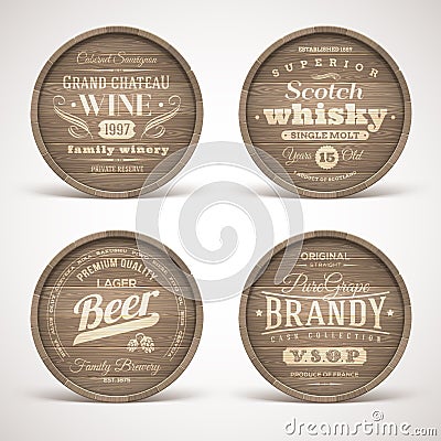 Wooden casks with alcohol drinks emblems Vector Illustration