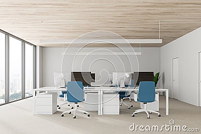 Wooden ceiling open space office interior Stock Photo