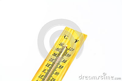 Wooden Celsius and Fahrenheit Thermometer on White Background. Stock Photo