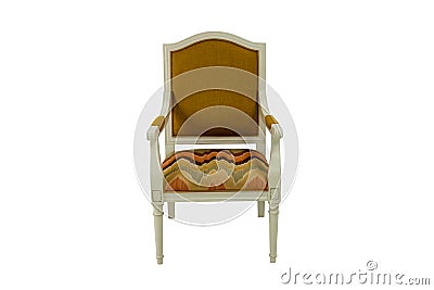 Wooden chair with a back and armrests in beige with brown soft upholstery on a white background. Front view. Stock Photo