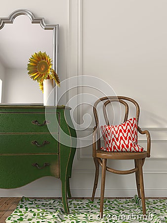 Wooden chair and green chest of drawers Stock Photo