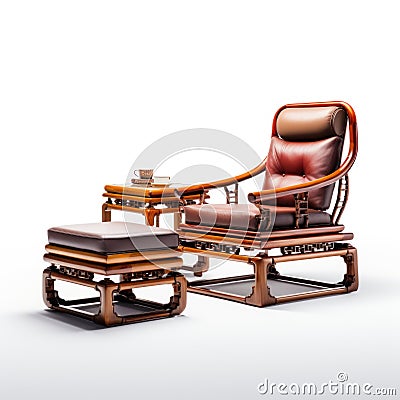 A wooden chair and ottoman with a small table, AI Stock Photo