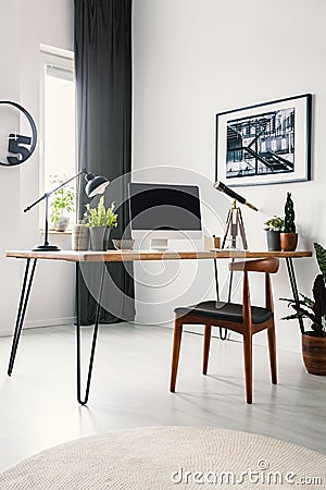 Wooden chair standing by the hairpin desk with empty mockup monitor, lamp and fresh potted plants standing in bright living room Stock Photo