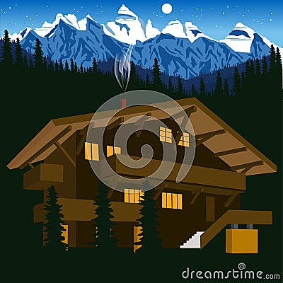 Wooden chalet in mountain alps at night Vector Illustration
