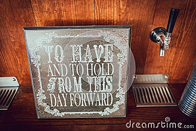 Wooden chalkboard wedding sign with poem Stock Photo