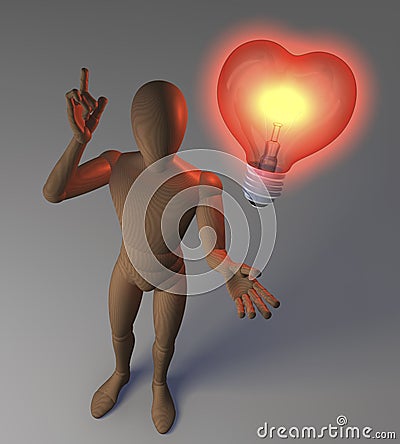 Wooden character, figure, man having an idea depicted by a heart shaped red classical light bulb Stock Photo
