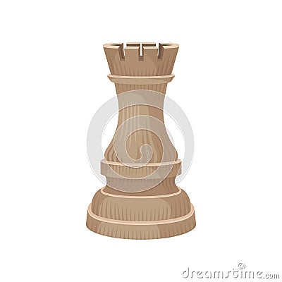 Wooden chess piece - rook castle or tower in beige color. Small figure of strategic board game. Flat vector icon Vector Illustration