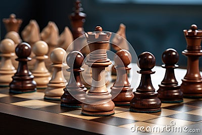 Wooden chess pieces on a chessboard. Close-up, Closeup of barbecues cooking grilling on charcoal, top section cropped, AI Stock Photo