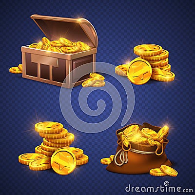 Wooden chest and big old bag with gold coins, money stack Vector Illustration