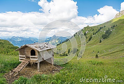 Wooden chicken coop near Rotwand mountain top, Bavaria, Germany Stock Photo