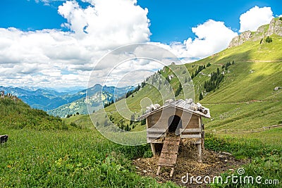 Wooden chicken coop near Rotwand mountain top, Bavaria, Germany Stock Photo