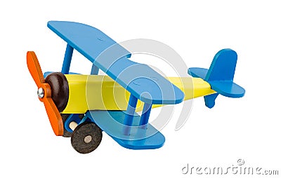 Wooden children`s colored airplane isolated on white background. Stock Photo