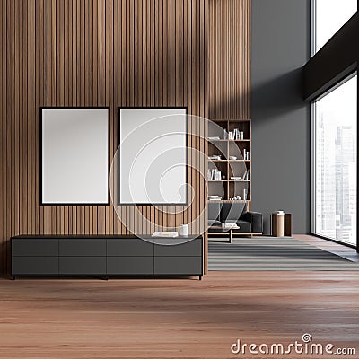 Wooden chill room interior with sideboard and couch near window, mockup frames Stock Photo