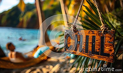 Wooden CHILL sign hanging on a hammock between palm trees on a tropical beach with a serene ocean view, epitomizing Stock Photo