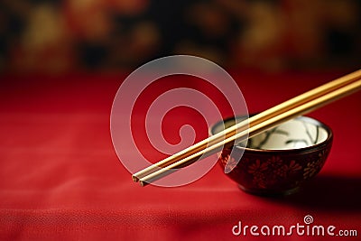 Wooden Chopsticks, Bowl on a table, Red Background Stock Photo