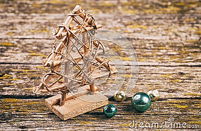 Wooden, Christmas tree. On a blue background of old rotten boards. Blurred background. close-up Stock Photo