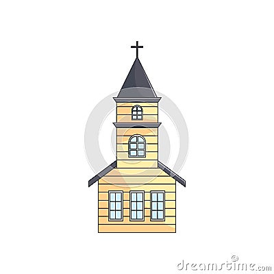 Wooden church with spire cross on roof over empty background Vector Illustration