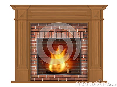 Wooden classic fireplace with wooden decor Vector Illustration