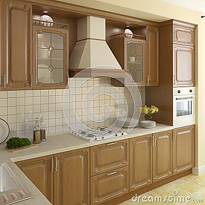 Wooden classic kitchen. Stock Photo