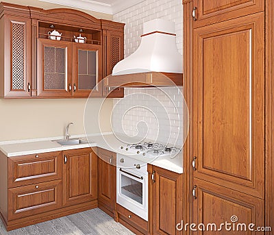 Wooden classic kitchen. Stock Photo